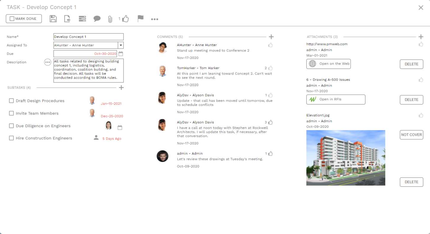 Inside a PMWEB Activity Board task card — subtasks, assignments, due dates, comments and attachments