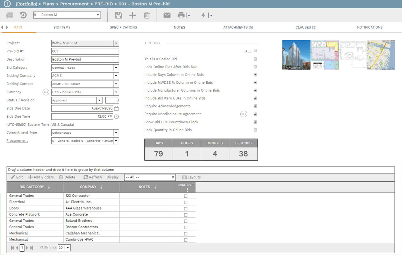 PMWEB Procurement module showing tender evaluation workflow.