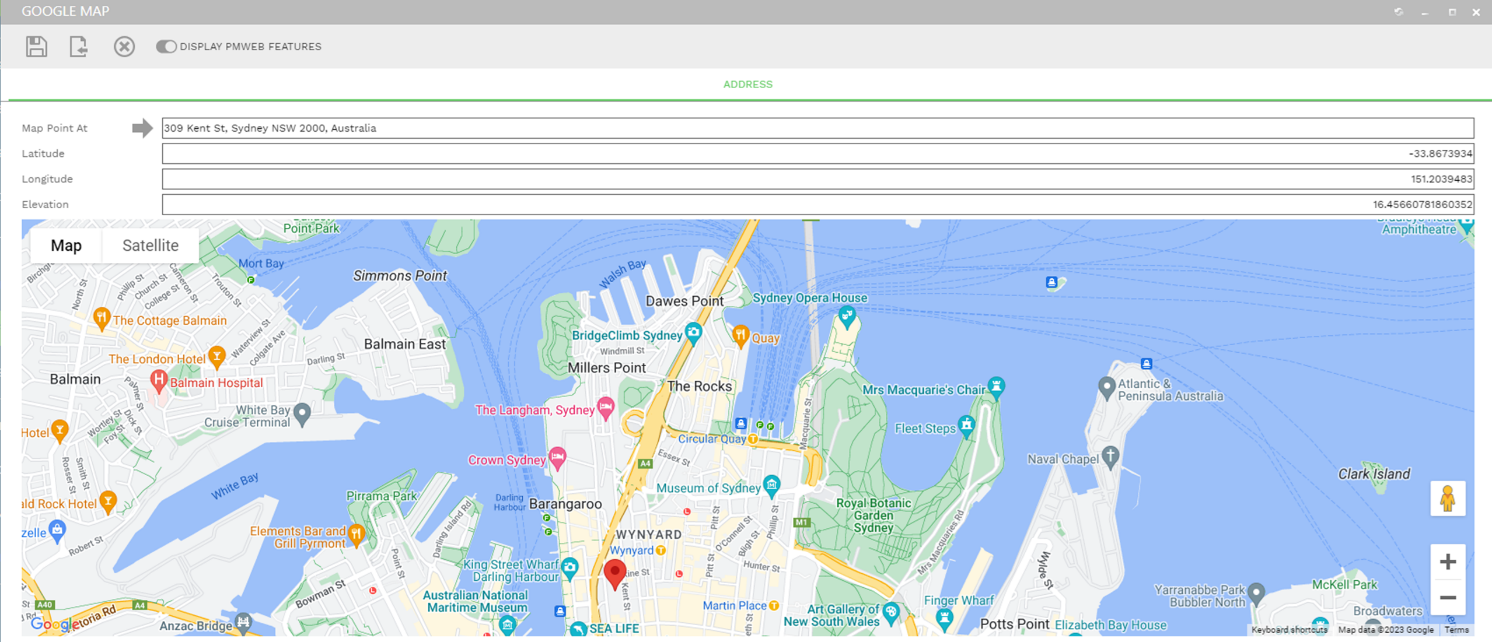 PMWEB project record showing the built-in Google Maps spatial view with project location markers