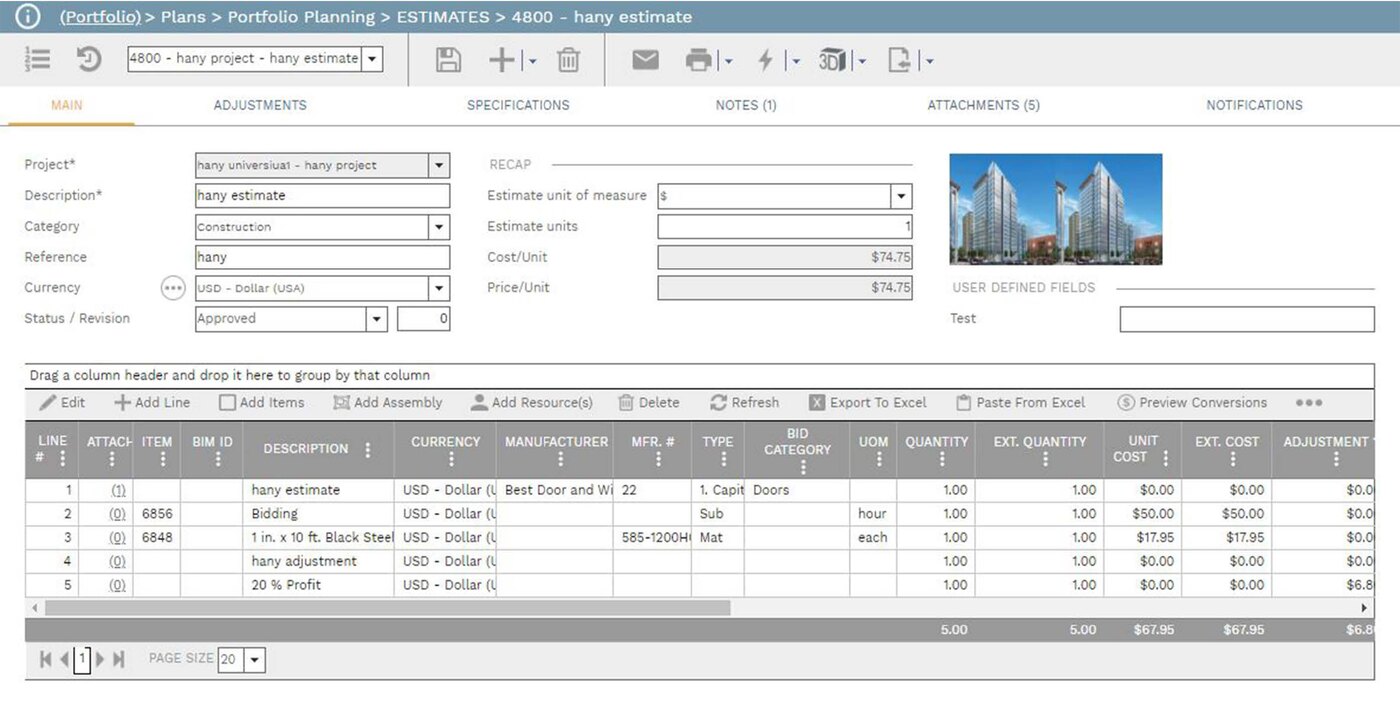 PMWEB Plan module — planning and estimating workspace screenshot