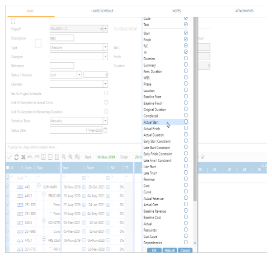 PMWEB standard schedule import fields — the common fields available out of the box when importing Microsoft Project or Primavera P6 schedules