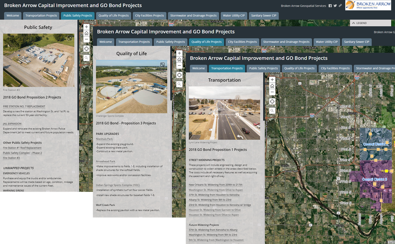 A local government public-facing Esri ArcGIS capital improvement map populated with project data carried across from PMWEB