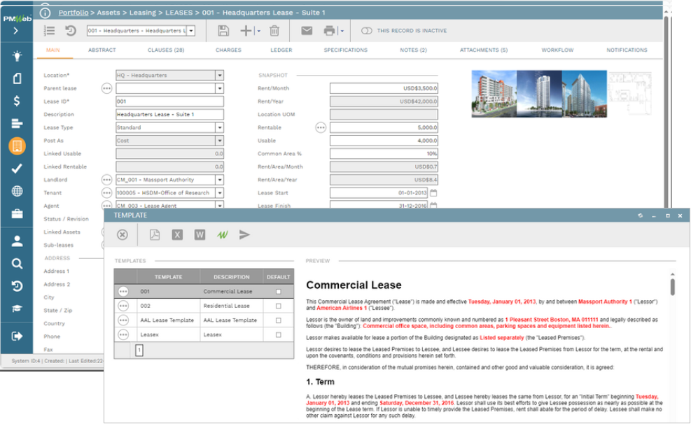 PMWEB lease management register screenshot.