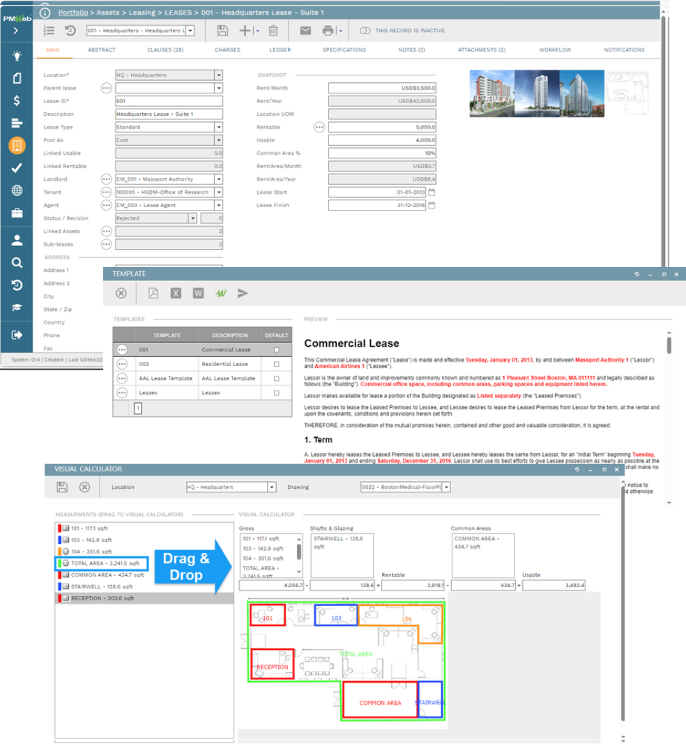 PMWEB Lease Management screen showing lease abstract and charge calculation summary.
