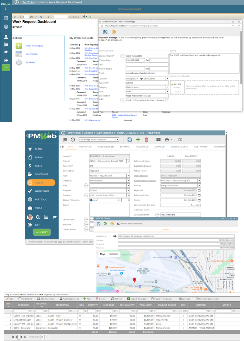 PMWEB Work Order management screen showing open work requests with priority, status, and assigned resource columns.