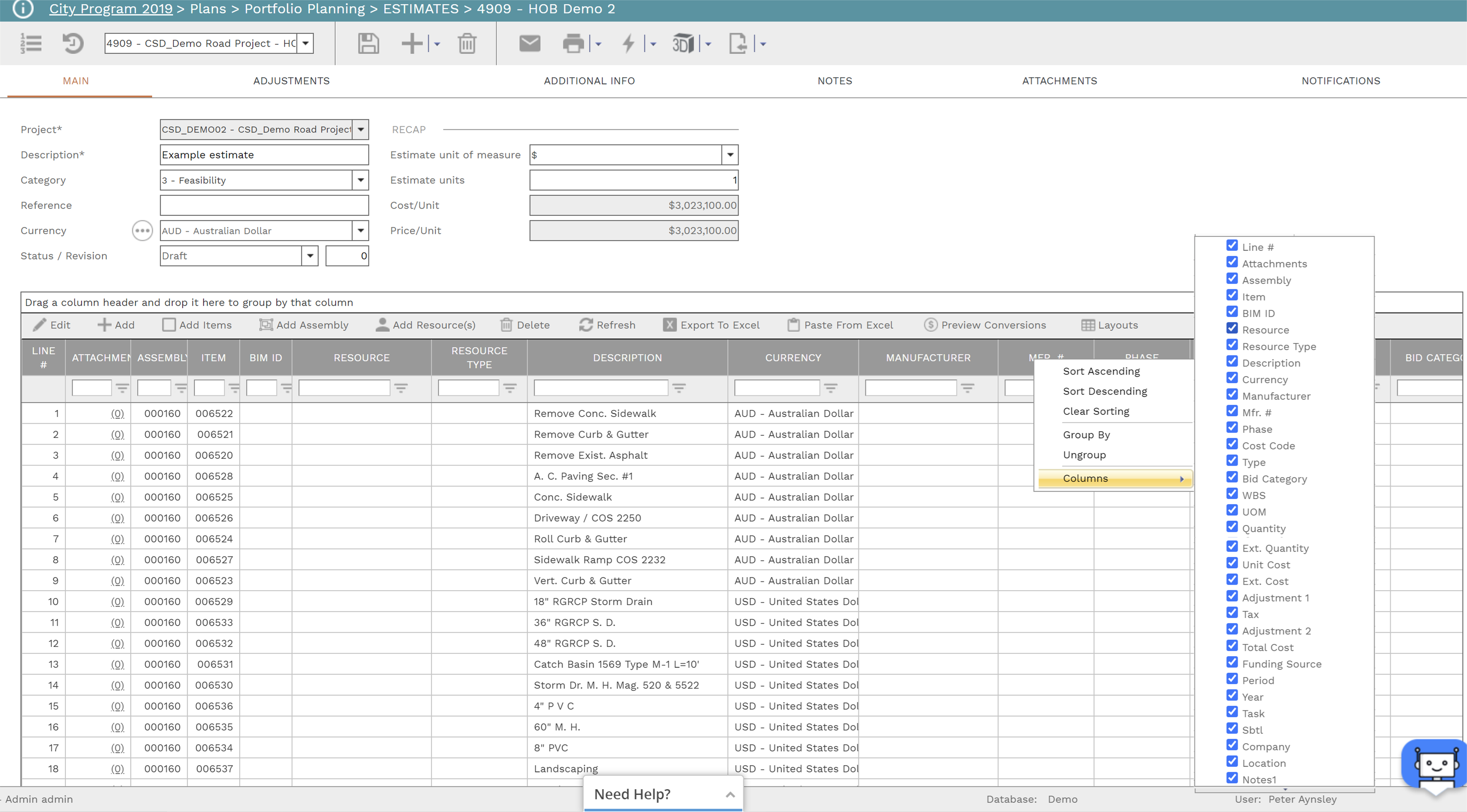 PMWEB Plan module: estimating workspace showing a multi-level work breakdown structure with line-item cost estimates.